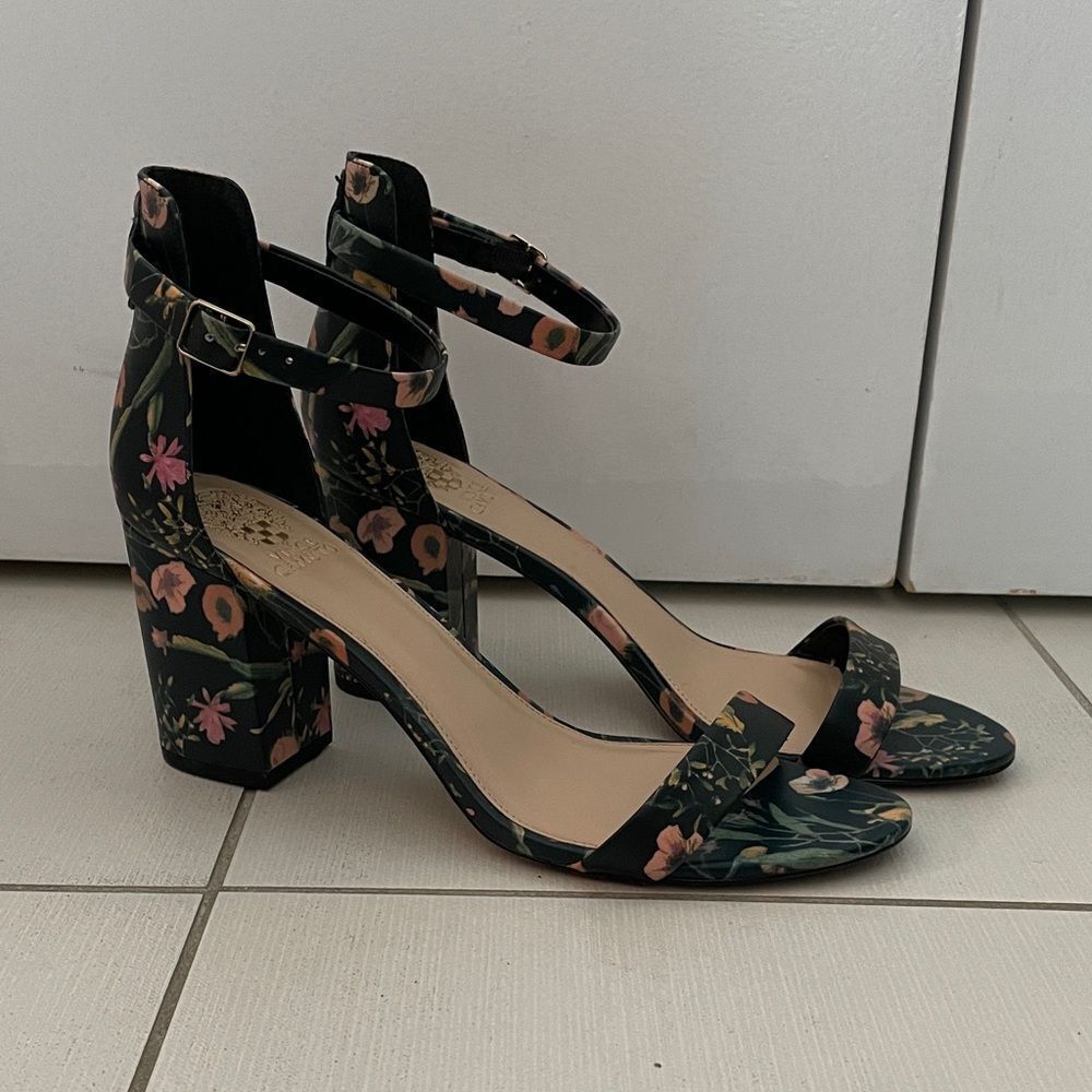 Vince Camuto Black Floral Ankle Strap Heels